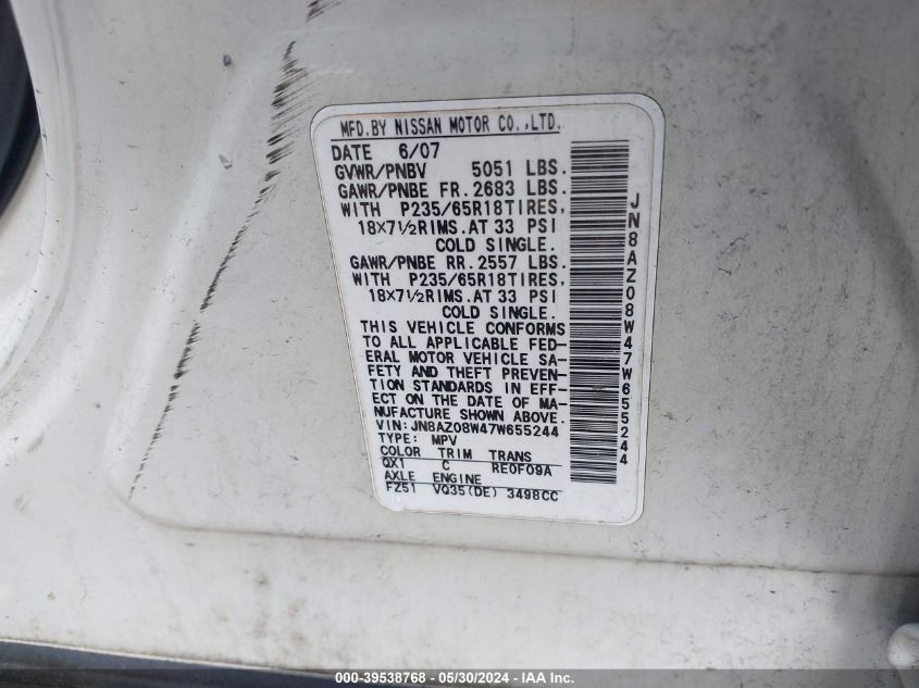 2007 Nissan Murano Sl VIN: JN8AZ08W47W655244 Lot: 39538768