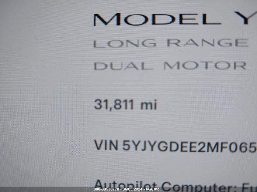 2021 Tesla Model Y Long Range Dual Motor All-Wheel Drive VIN: 5YJYGDEE2MF065675 Lot: 39538770