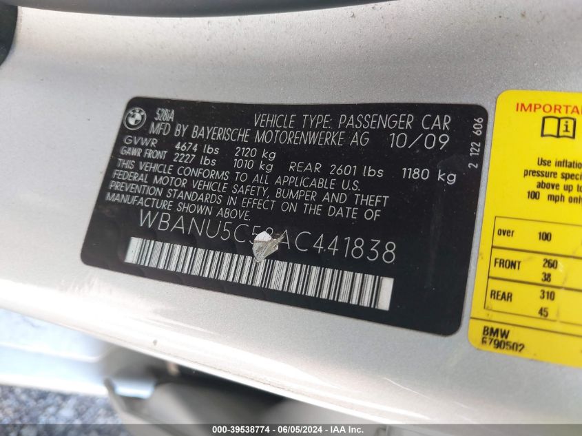 2010 BMW 528 I VIN: WBANU5C58AC441838 Lot: 39538774