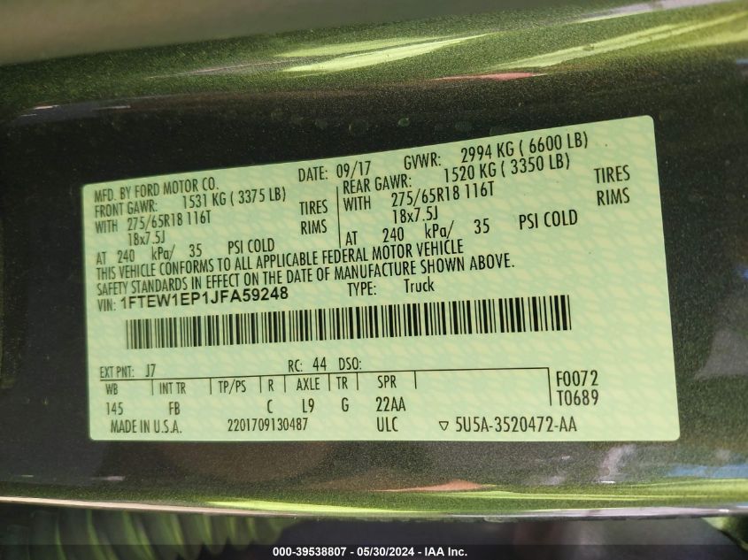 2018 Ford F-150 Xlt VIN: 1FTEW1EP1JFA59248 Lot: 39538807
