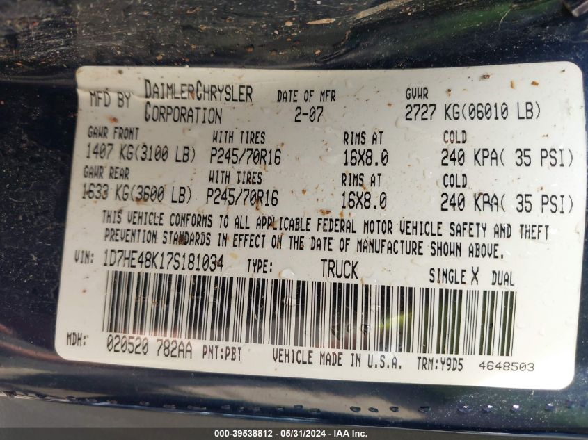 2007 Dodge Dakota Quad Slt VIN: 1D7HE48K17S181034 Lot: 39538812