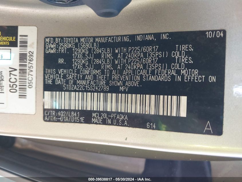 2005 Toyota Sienna Xle Limited VIN: 5TDZA22C15S242789 Lot: 39538817