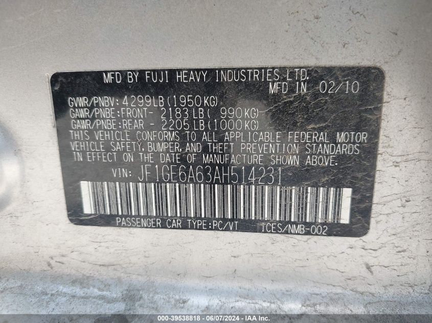 2010 Subaru Impreza 2.5I VIN: JF1GE6A63AH514231 Lot: 39538818