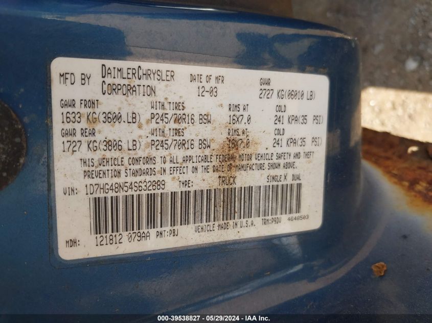 2004 Dodge Dakota Slt VIN: 1D7HG48N54S632689 Lot: 39538827