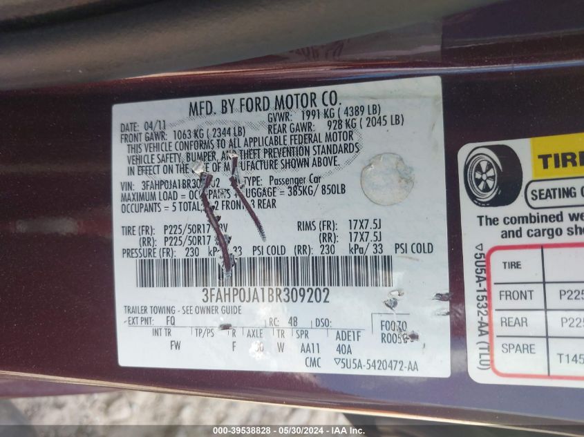 2011 Ford Fusion Sel VIN: 3FAHP0JA1BR309202 Lot: 39538828