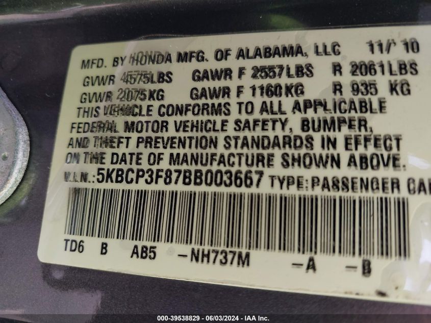 2011 Honda Accord 3.5 Ex-L VIN: 5KBCP3F87BB003667 Lot: 39538829