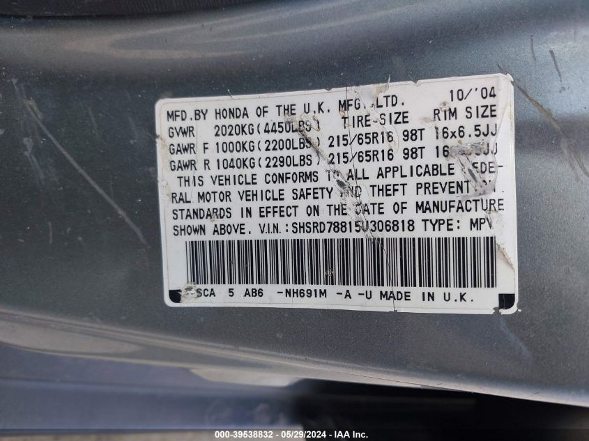 2005 Honda Cr-V Ex VIN: SHSRD78815U306818 Lot: 39538832