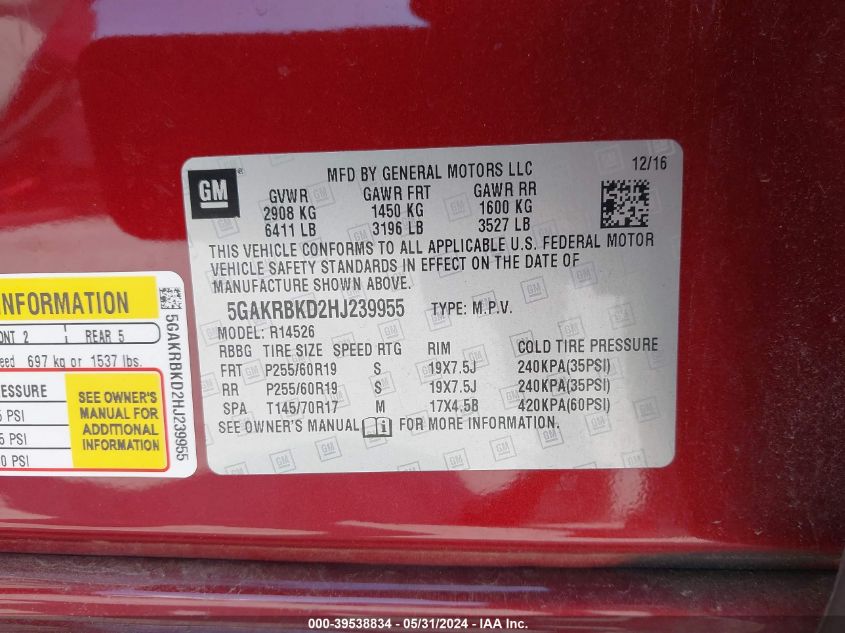 2017 Buick Enclave Leather VIN: 5GAKRBKD2HJ239955 Lot: 39538834