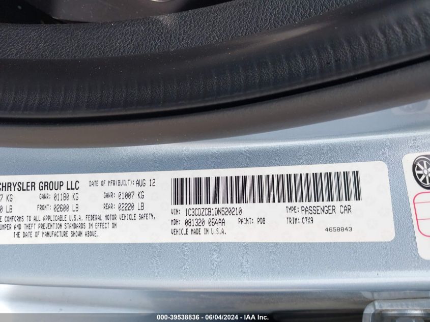 2013 Dodge Avenger Sxt VIN: 1C3CDZCB1DN520210 Lot: 39538836