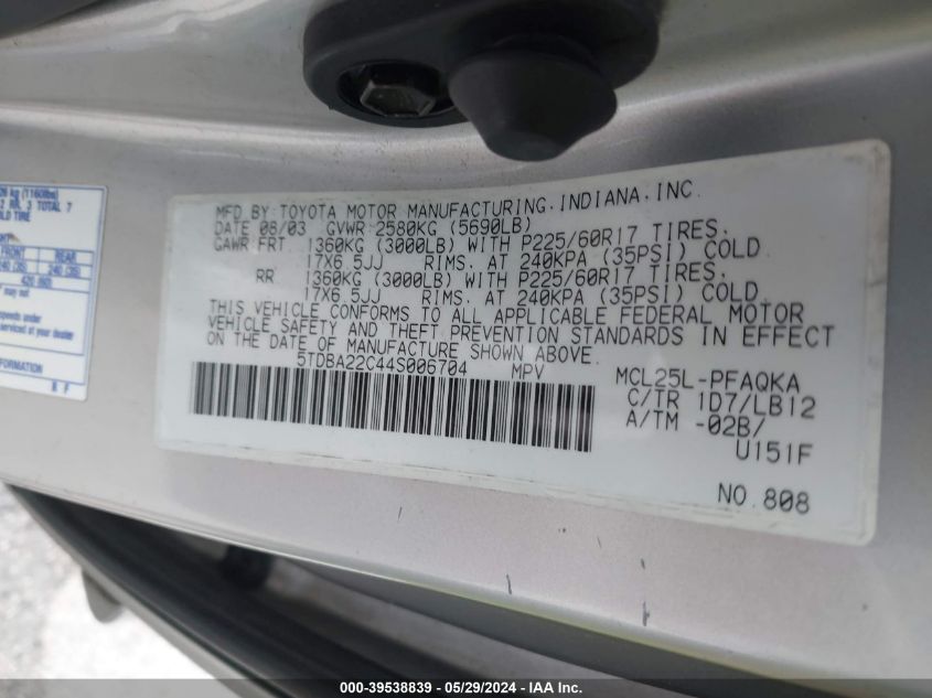 2004 Toyota Sienna Xle VIN: 5TDBA22C44S006704 Lot: 39538839