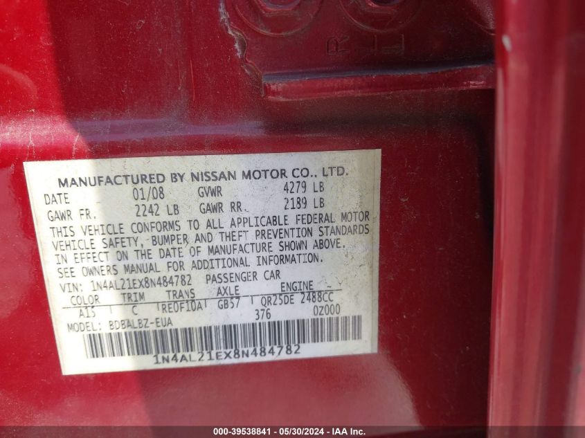 2008 Nissan Altima 2.5 S VIN: 1N4AL21EX8N484782 Lot: 39538841