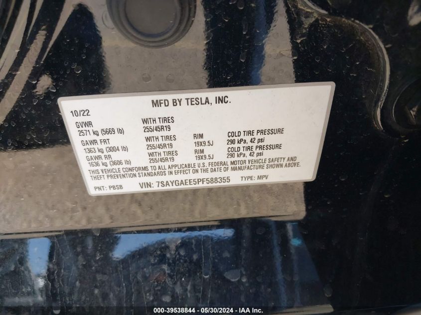 2023 Tesla Model Y Awd/Long Range Dual Motor All-Wheel Drive VIN: 7SAYGAEE5PF588355 Lot: 39538844