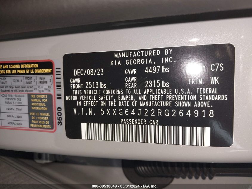 2024 Kia K5 Gt-Line VIN: 5XXG64J22RG264918 Lot: 39538849