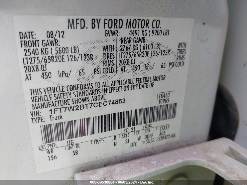 2012 Ford F-250 Lariat VIN: 1FT7W2BT7CEC74853 Lot: 39538864