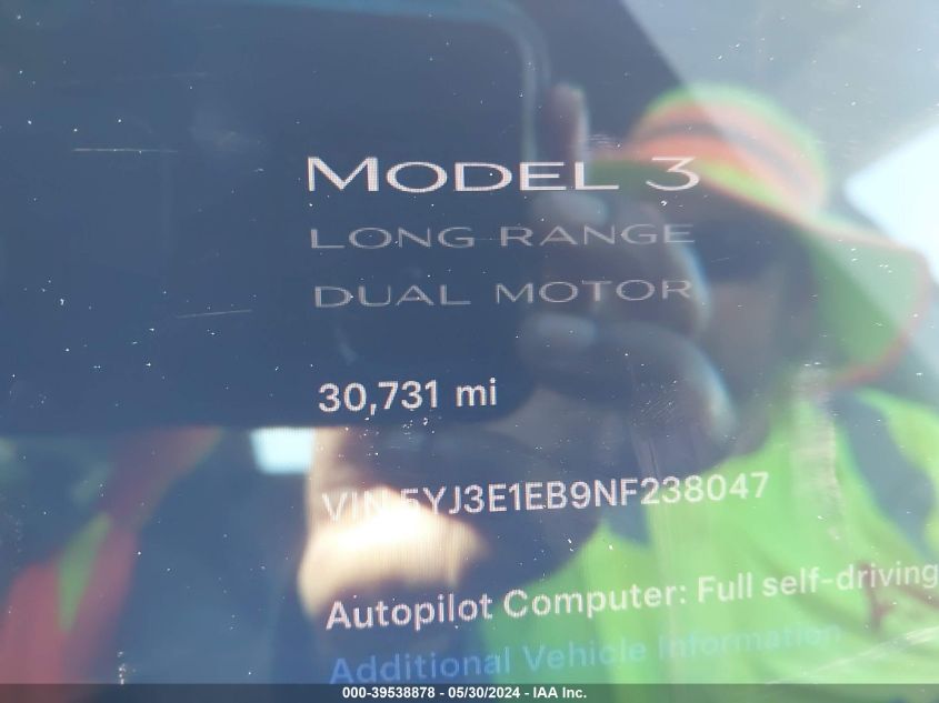 2022 Tesla Model 3 Long Range Dual Motor All-Wheel Drive VIN: 5YJ3E1EB9NF238047 Lot: 39538878