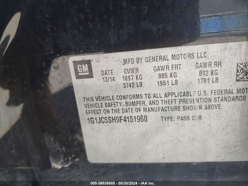 2015 Chevrolet Sonic Lt Auto VIN: 1G1JC5SH9F4151960 Lot: 39538885