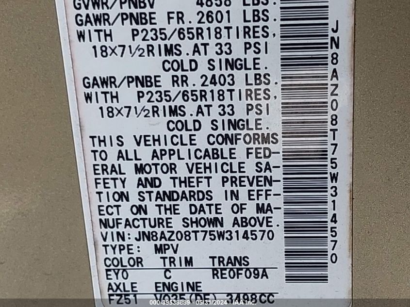 2005 Nissan Murano S VIN: JN8AZ08T75W314570 Lot: 39538889