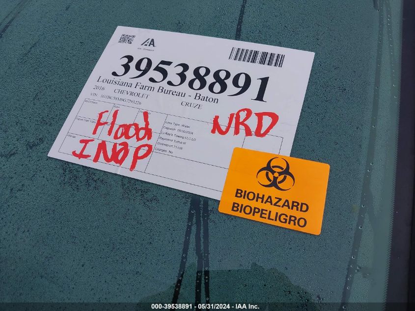 2016 Chevrolet Cruze Ls Auto VIN: 1G1BC5SM9G7293226 Lot: 39538891