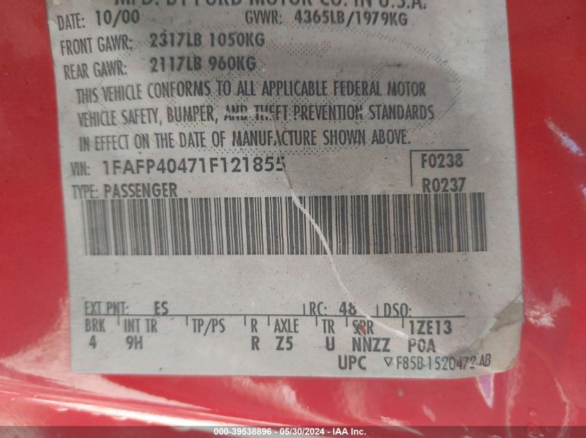 2001 Ford Mustang VIN: 1FAFP40471F121855 Lot: 39538896