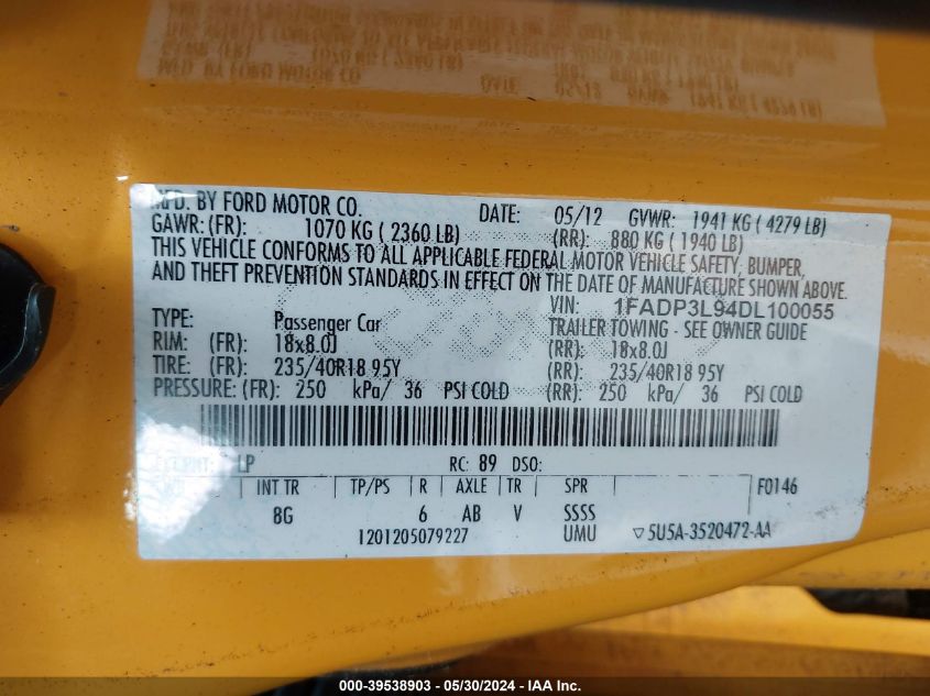 2013 Ford Focus St VIN: 1FADP3L94DL100055 Lot: 39538903