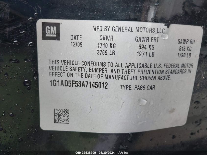 2010 Chevrolet Cobalt Lt VIN: 1G1AD5F53A7145012 Lot: 39538909