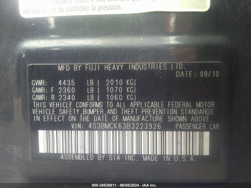 2011 Subaru Legacy 2.5I Limited VIN: 4S3BMCK63B3223926 Lot: 39538911