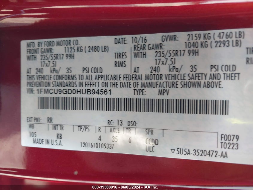 2017 Ford Escape Se VIN: 1FMCU9GD0HUB94561 Lot: 39538916