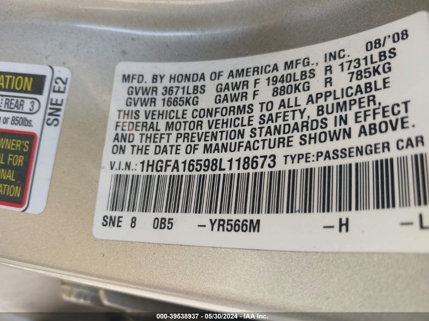 2008 Honda Civic Lx VIN: 1HGFA16598L118673 Lot: 39538937