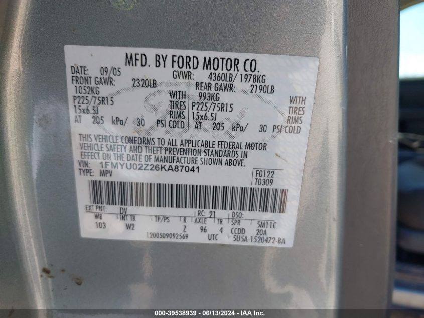 2006 Ford Escape Xls/Xls Manual VIN: 1FMYU02Z26KA87041 Lot: 39538939