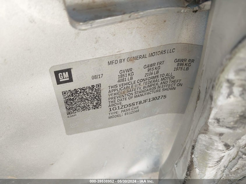 2018 Chevrolet Malibu Lt VIN: 1G1ZD5ST8JF130275 Lot: 39538952