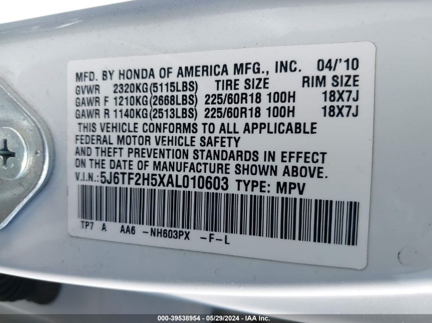 2010 Honda Accord Crosstour Ex-L VIN: 5J6TF2H5XAL010603 Lot: 39538954