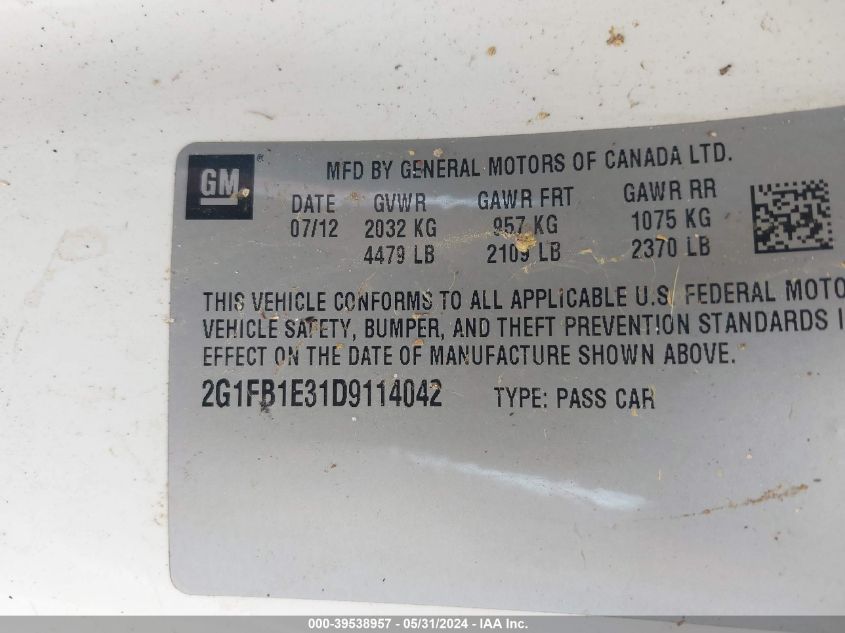 2013 Chevrolet Camaro 1Lt VIN: 2G1FB1E31D9114042 Lot: 39538957