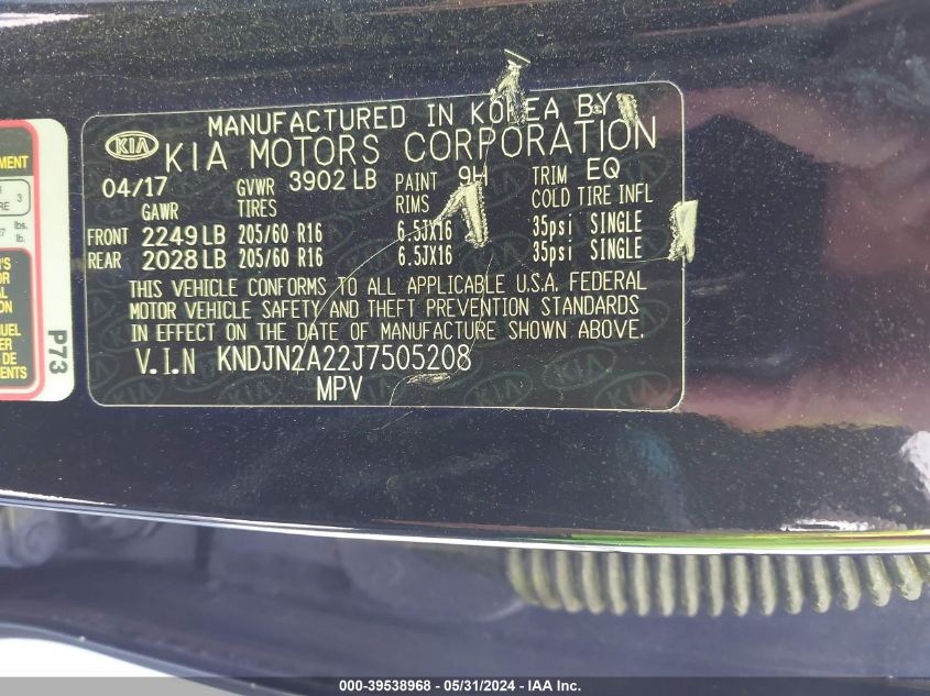 2018 Kia Soul VIN: KNDJN2A22J7505208 Lot: 39538968