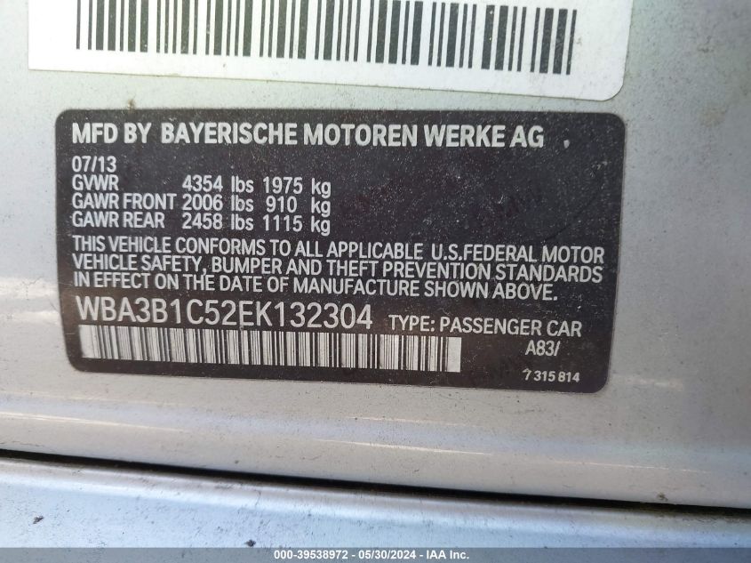 2014 BMW 320I VIN: WBA3B1C52EK132304 Lot: 39538972