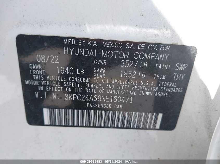 2022 Hyundai Accent Se VIN: 3KPC24A68NE183471 Lot: 39538983