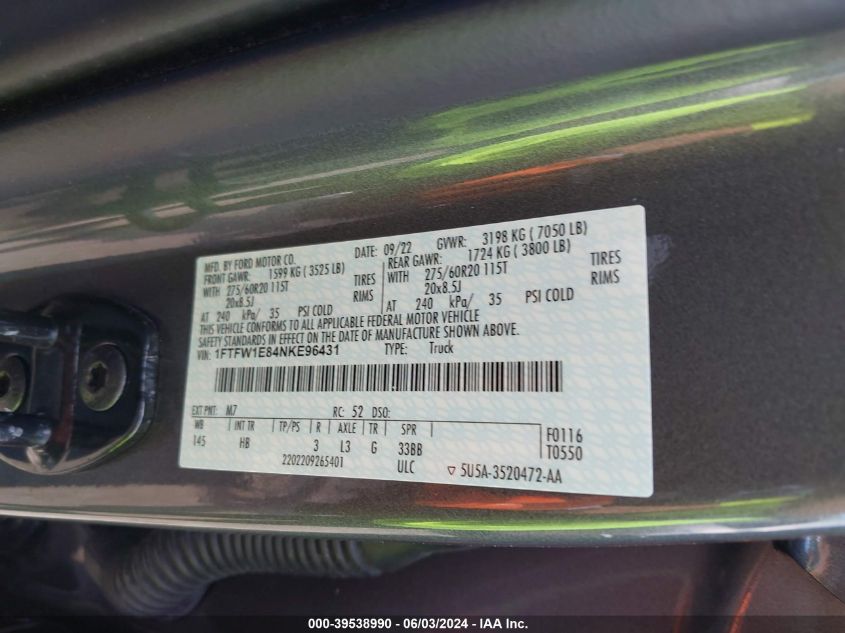 2022 Ford F-150 Lariat VIN: 01FTFW1E84NKE9643 Lot: 39538990