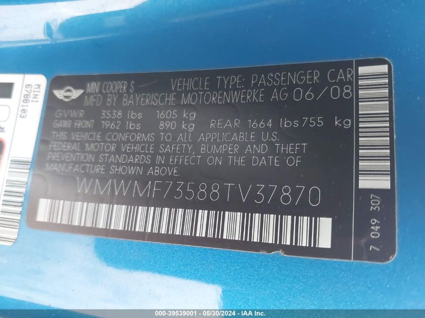 2008 Mini Cooper S VIN: WMWMF73588TV37870 Lot: 39539001