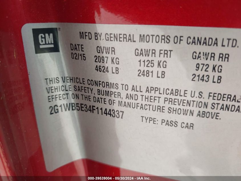 2015 Chevrolet Impala Limited Lt VIN: 2G1WB5E34F1144337 Lot: 39539004