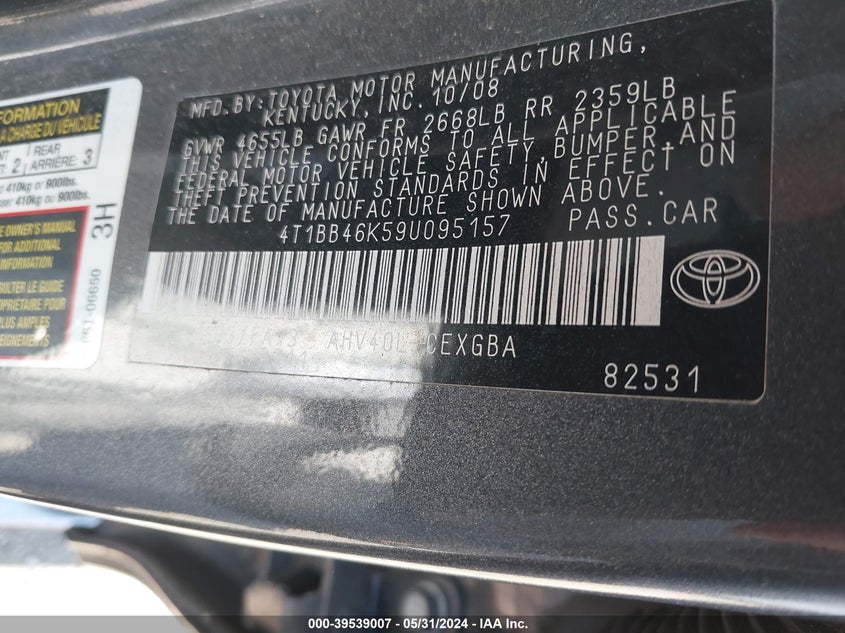 2009 Toyota Camry Hybrid VIN: 4T1BB46K59U095157 Lot: 39539007