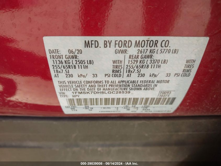 2020 Ford Explorer Xlt VIN: 1FMSK7DH8LGC28539 Lot: 39539008