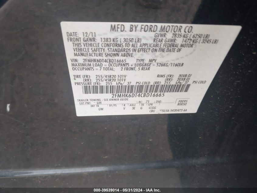 2012 Ford Flex Titanium VIN: 2FMHK6DT4CBD16665 Lot: 39539014