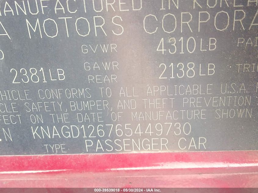 2006 Kia Optima Ex/Lx VIN: KNAGD126765449730 Lot: 39539018