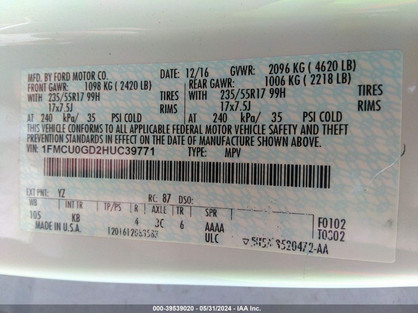 2017 Ford Escape Se VIN: 1FMCU0GD2HUC39771 Lot: 39539020