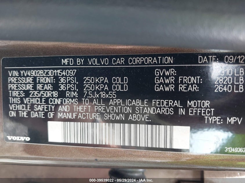 2013 VOLVO XC70 T6/T6 PLATINUM/T6 PREMIER PLUS - YV4902BZ3D1154097