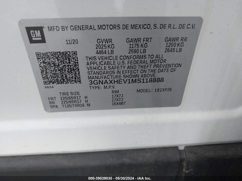 2021 Chevrolet Equinox Fwd Ls VIN: 3GNAXHEV1MS118888 Lot: 39539030