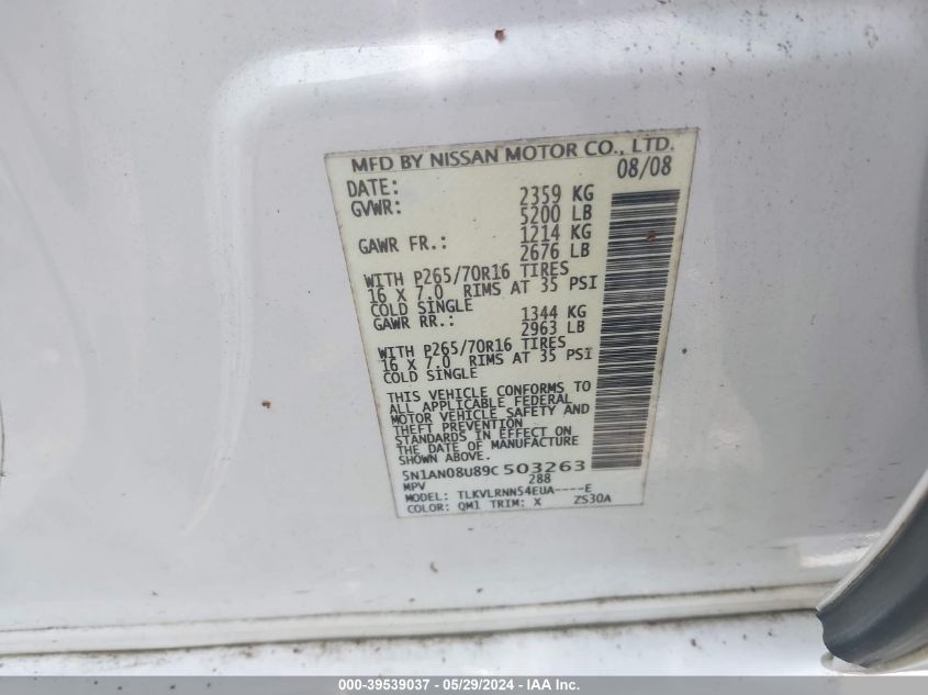 2009 Nissan Xterra S VIN: 5N1AN08U89C503263 Lot: 39539037