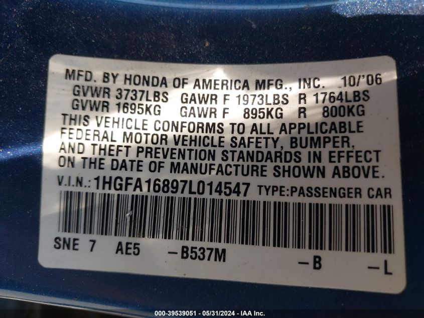 2007 Honda Civic Ex VIN: 1HGFA16897L014547 Lot: 39539051