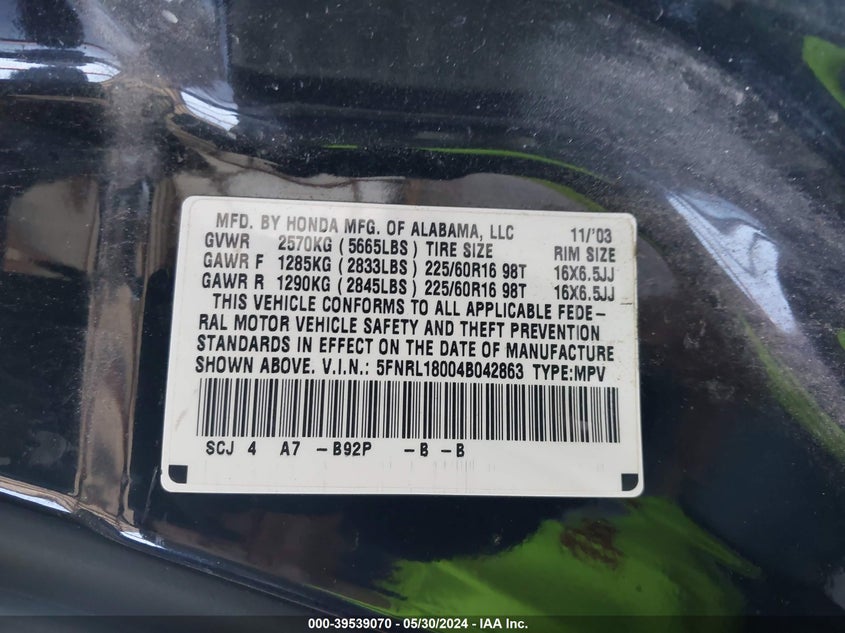 2004 Honda Odyssey Ex-L VIN: 5FNRL18004B042863 Lot: 39539070