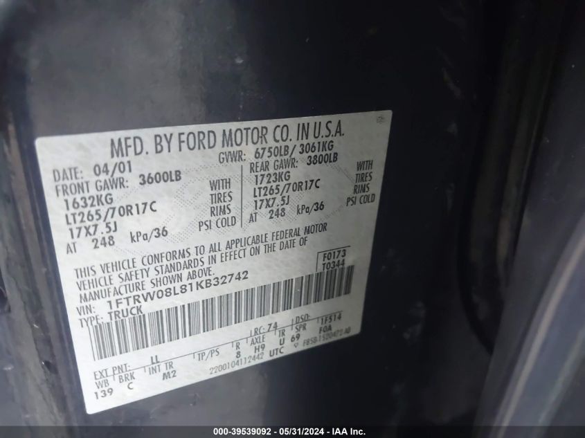 2001 Ford F-150 King Ranch Edition/Lariat/Xlt VIN: 1FTRW08L81KB32742 Lot: 39539092