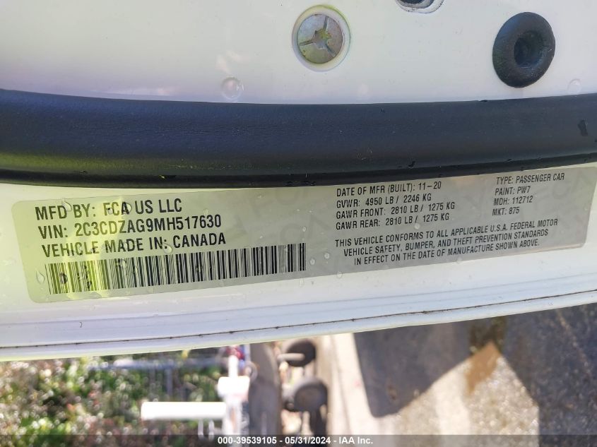 2021 Dodge Challenger Sxt VIN: 2C3CDZAG9MH517630 Lot: 39539105